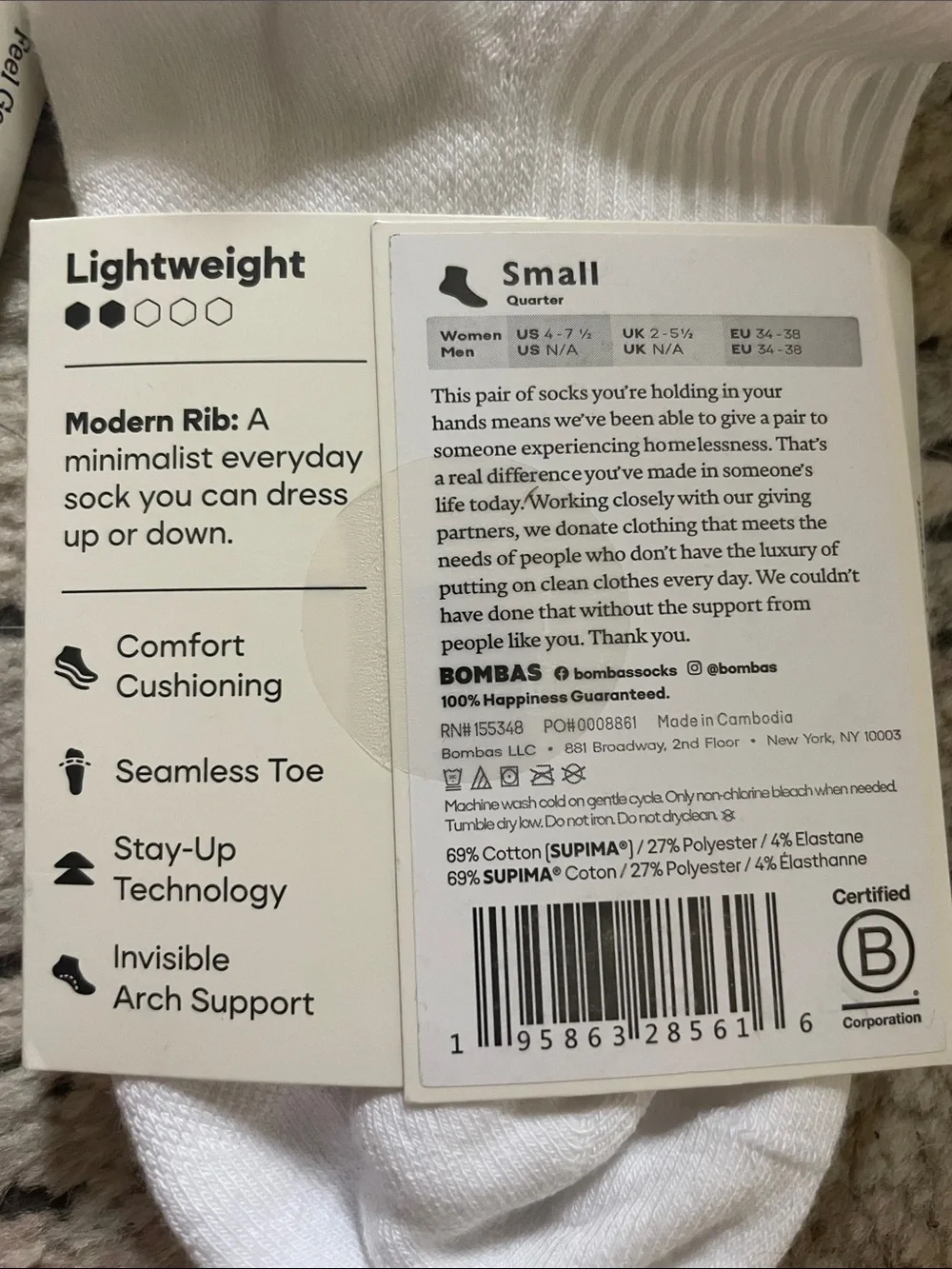 Bombas Woman’s Modern Rib Ankle Socks - White (4 Pack) size small